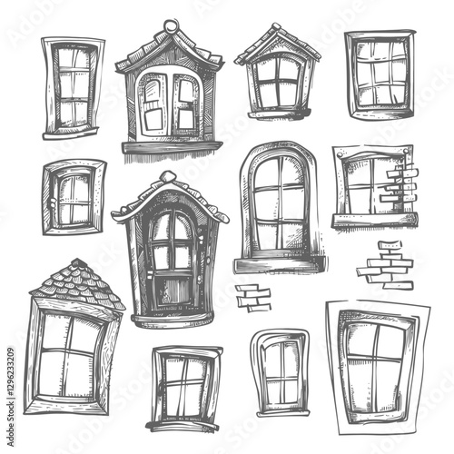 Hand Drawn Sketches Of Various Windows With Architectural Details