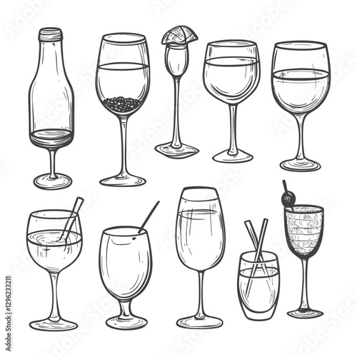 Hand Drawn Sketches Of Various Wine Glasses And A Bottle Design