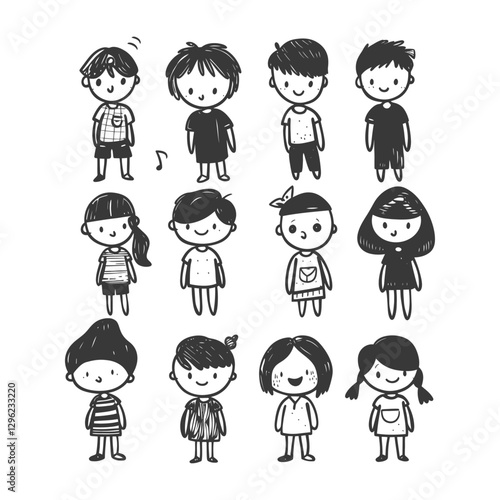 Hand Drawn Sketch Of 12 Happy Children In Various Outfits