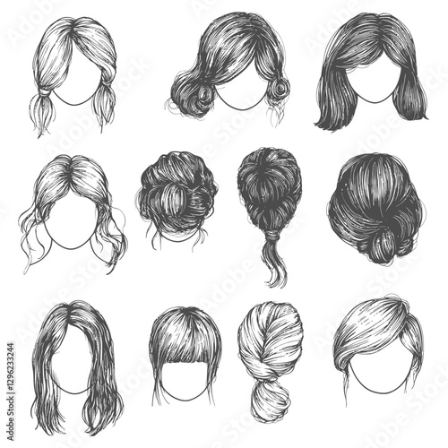 Hand Drawn Sketches Of Various Womens Hairstyles