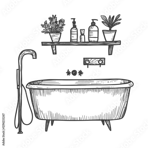 Hand Drawn Sketch Of A Bathtub With Plants And Bottles On A Shelf