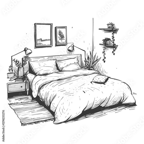 Hand Drawn Sketch Of A Bedroom Interior With A Bed Bedside Table And Plants