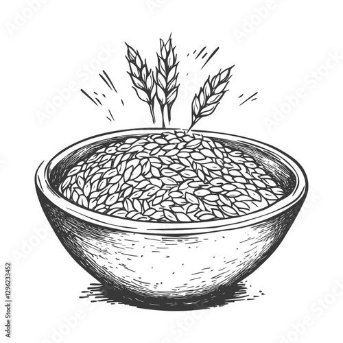 Hand Drawn Sketch Of A Bowl Filled With Grain And Wheat Spikes