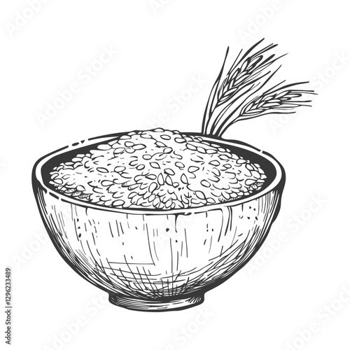 Hand Drawn Sketch Of A Bowl Filled With Oats And Wheat Stalks