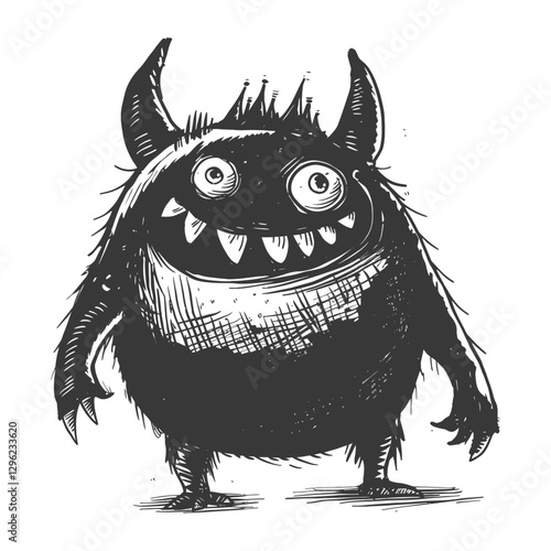 Hand Drawn Sketch Of A Cartoon Monster With Horns And A Wide Grin