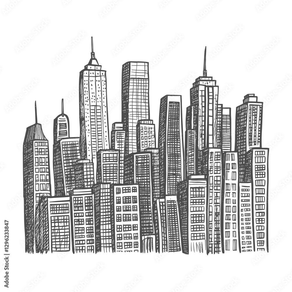 Hand Drawn Sketch Of A Cityscape With Tall Buildings