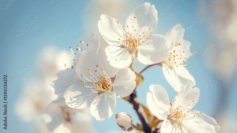 Close-up of blooming cherry blossoms, with sunlight casting soft shadows on the petals and a cloudless blue sky in the background Close-up of blooming cherry blossoms, with sunlight casting soft shadows on the petals and a cloudless blue sky in the background