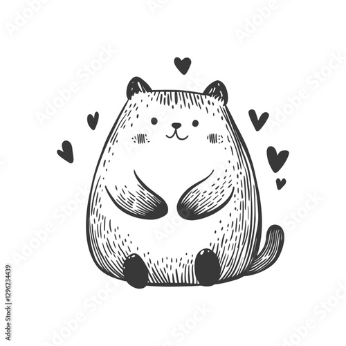 Hand Drawn Sketch Of A Cute Round Smiling Cat Surrounded By Hearts