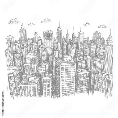 Hand Drawn Sketch Of A Dense Cityscape With Tall Buildings And Clouds