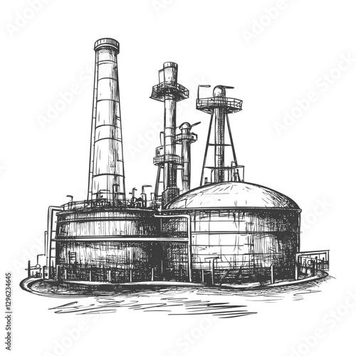 Hand Drawn Sketch Of A Factory With Tall Chimneys And Storage Tanks