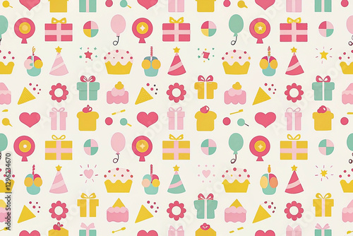 Seamless pattern with birthday party icons gifts, balloons, cupcakes, hearts, and confetti.