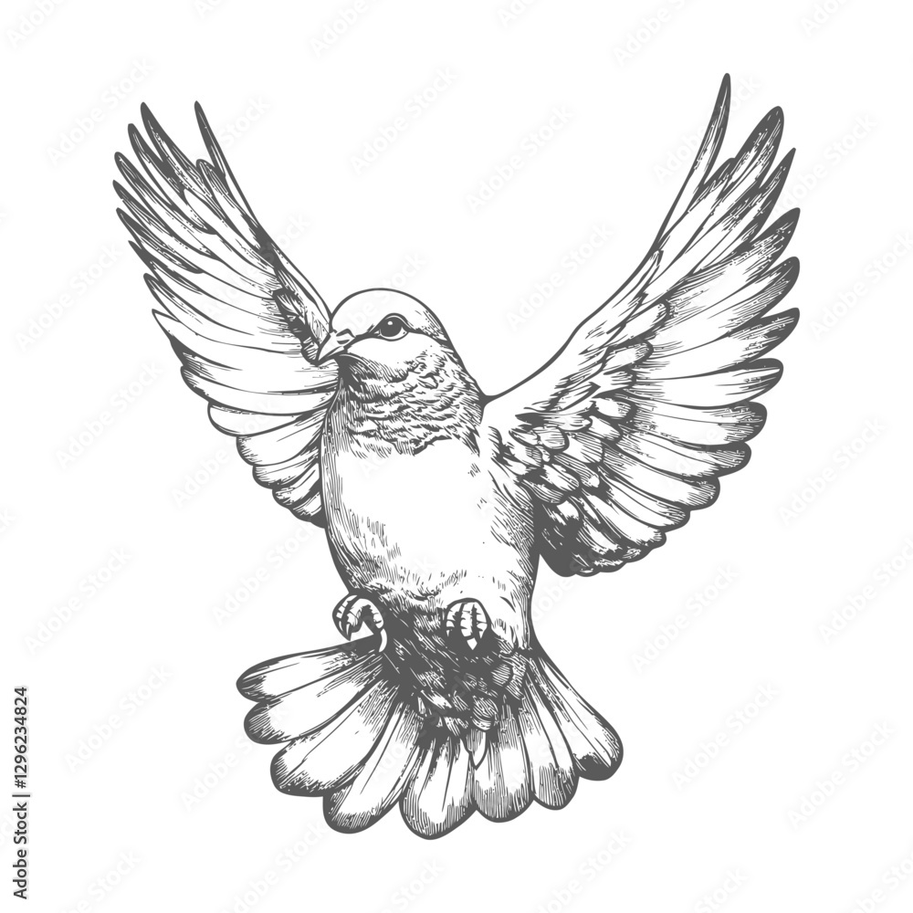 Obraz premium Hand Drawn Sketch Of A Flying Dove With Spread Wings
