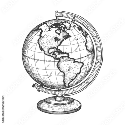 Hand Drawn Sketch Of A Globe With North And South America Visible