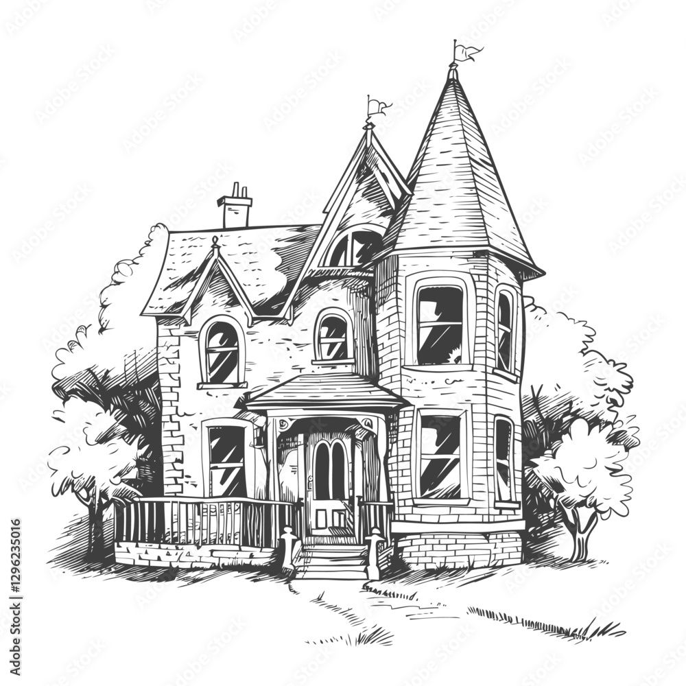 Hand Drawn Sketch Of A Large Brick Victorian Home With A Pointed Roof And A Porch Hand Drawn Sketch Of A Large Brick Victorian Home With A Pointed Roof And A Porch