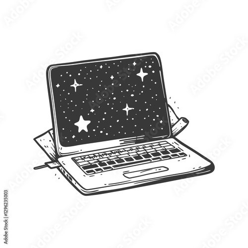 Hand Drawn Sketch Of A Laptop With A Night Sky Display