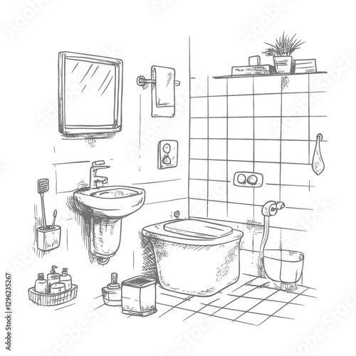 Hand Drawn Sketch Of A Modern Bathroom With Toilet Sink And Accessories