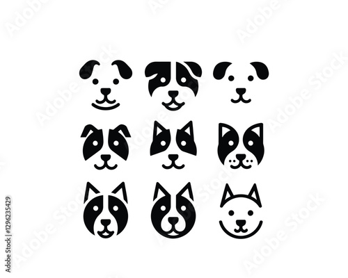 Set of Abstract dog head icons. Vector illustration. Simple silhouette. Black color flat style dog. Cartoon dog face logo. Animal logotype concept.