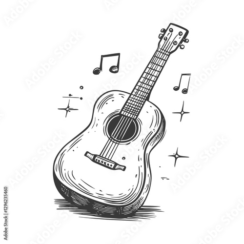 Hand Drawn Sketch Of An Acoustic Guitar With Music Notes And Stars
