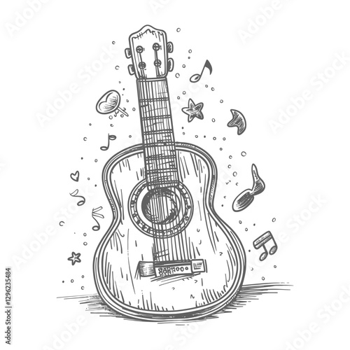 Hand Drawn Sketch Of An Acoustic Guitar With Musical Notes And Stars Surrounding It