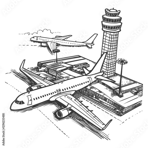 Hand Drawn Sketch Of An Airport With Two Airplanes And Control Tower