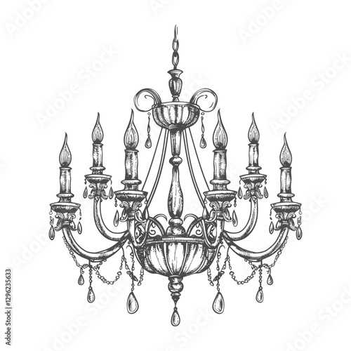 Hand Drawn Sketch Of An Ornate Chandelier With Six Candles