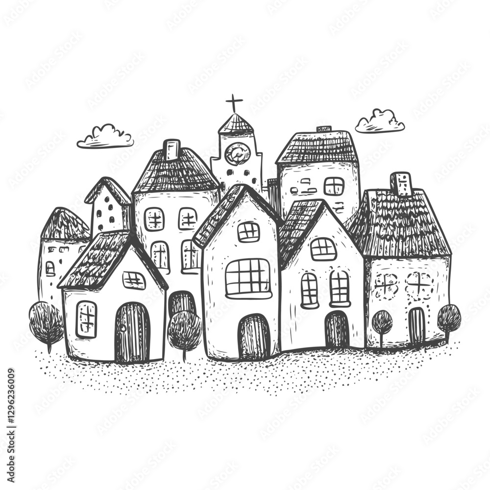 Hand Drawn Sketch Of A Quaint Village With A Church And Houses Hand Drawn Sketch Of A Quaint Village With A Church And Houses
