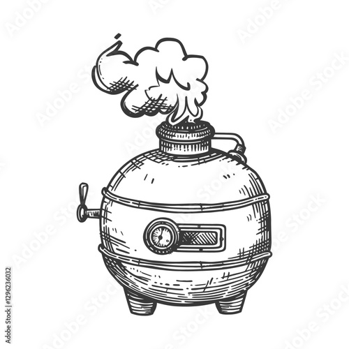 Hand Drawn Sketch Of A Round Steam Boiler With A Gauge And A Spout
