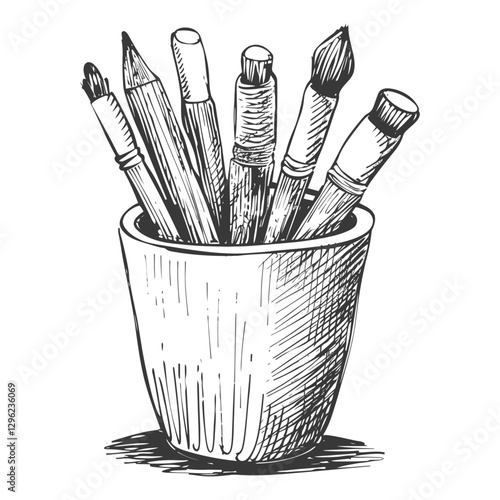 Obraz na płótnie Hand Drawn Sketch Of Art Supplies In A Holder w salonie