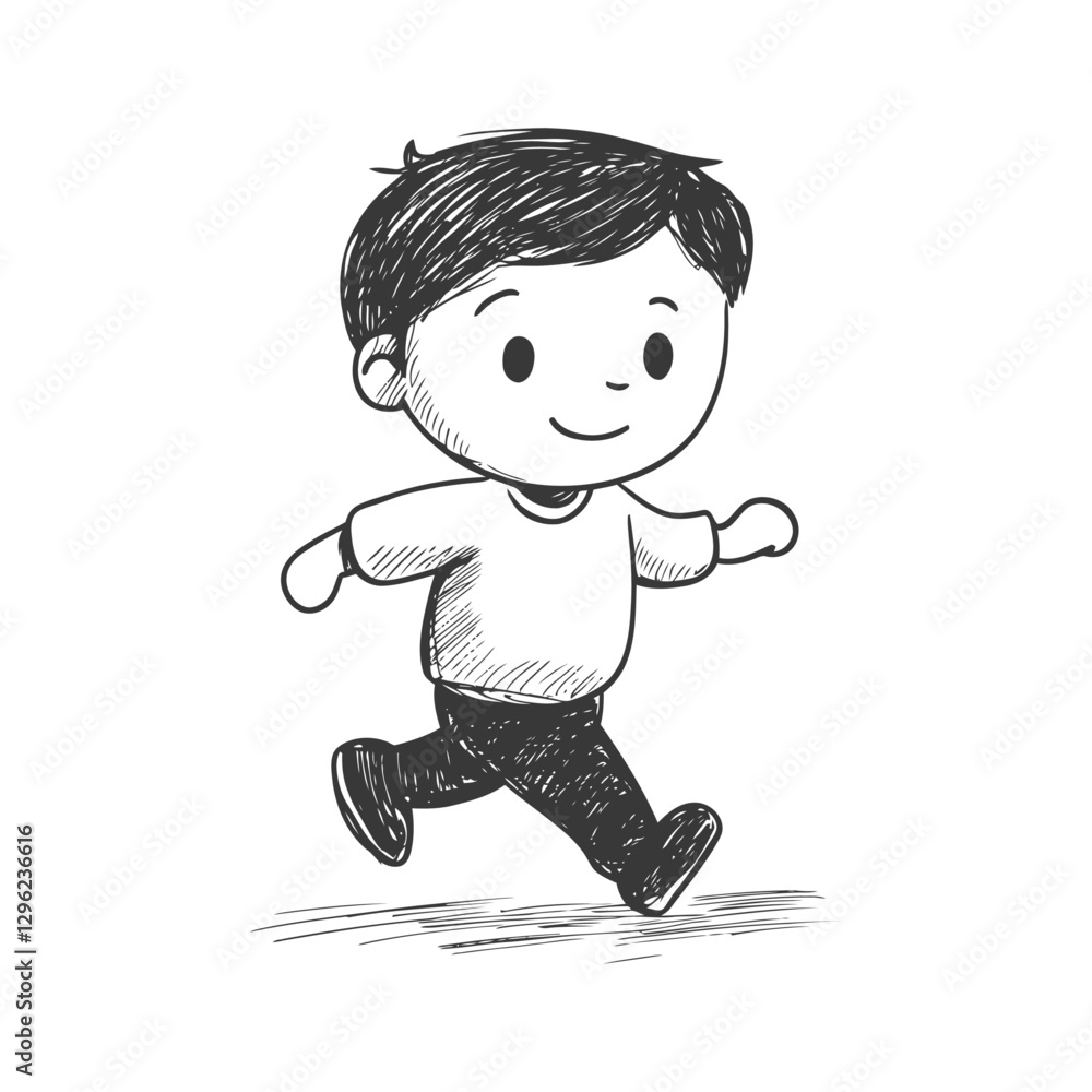 Hand Drawn Sketch Of A Smiling Boy Walking