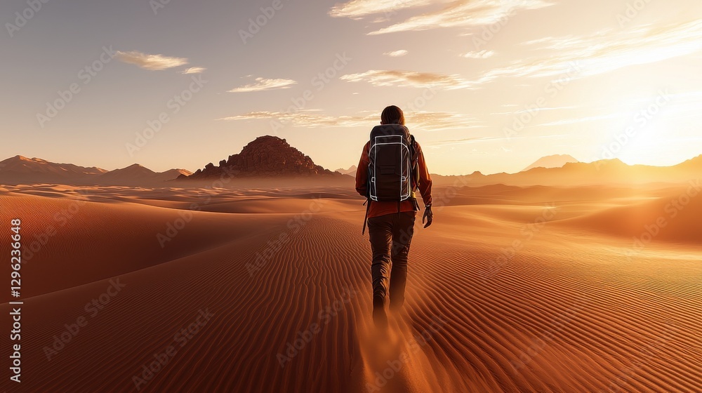 Lone adventurer walking through a vast arid desert landscape at sunset silhouetted against the dramatic mountainous horizon This image captures a sense of solitude adventure and personal in a remote Lone adventurer walking through a vast arid desert landscape at sunset silhouetted against the dramatic mountainous horizon This image captures a sense of solitude adventure and personal in a remote