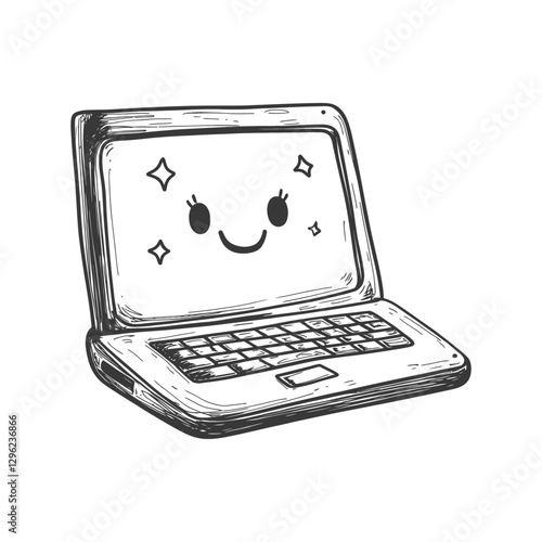 Hand Drawn Sketch Of A Smiling Laptop Computer With Twinkling Stars