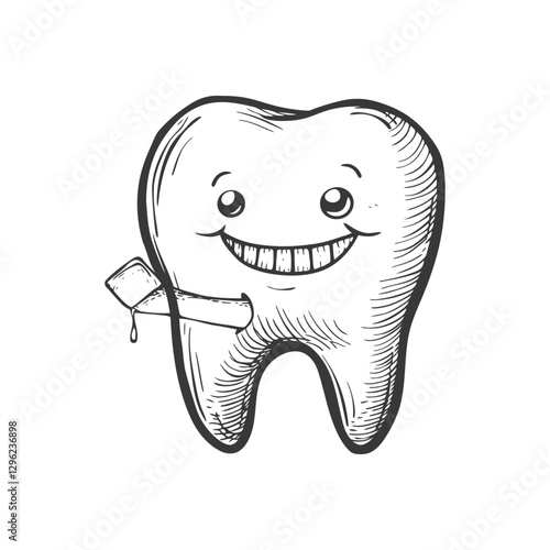 Hand Drawn Sketch Of A Smiling Tooth Holding A Toothbrush