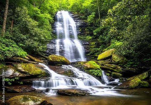 Serene Waterfall Cascading Over Rocks in Lush Green Forest Landscape