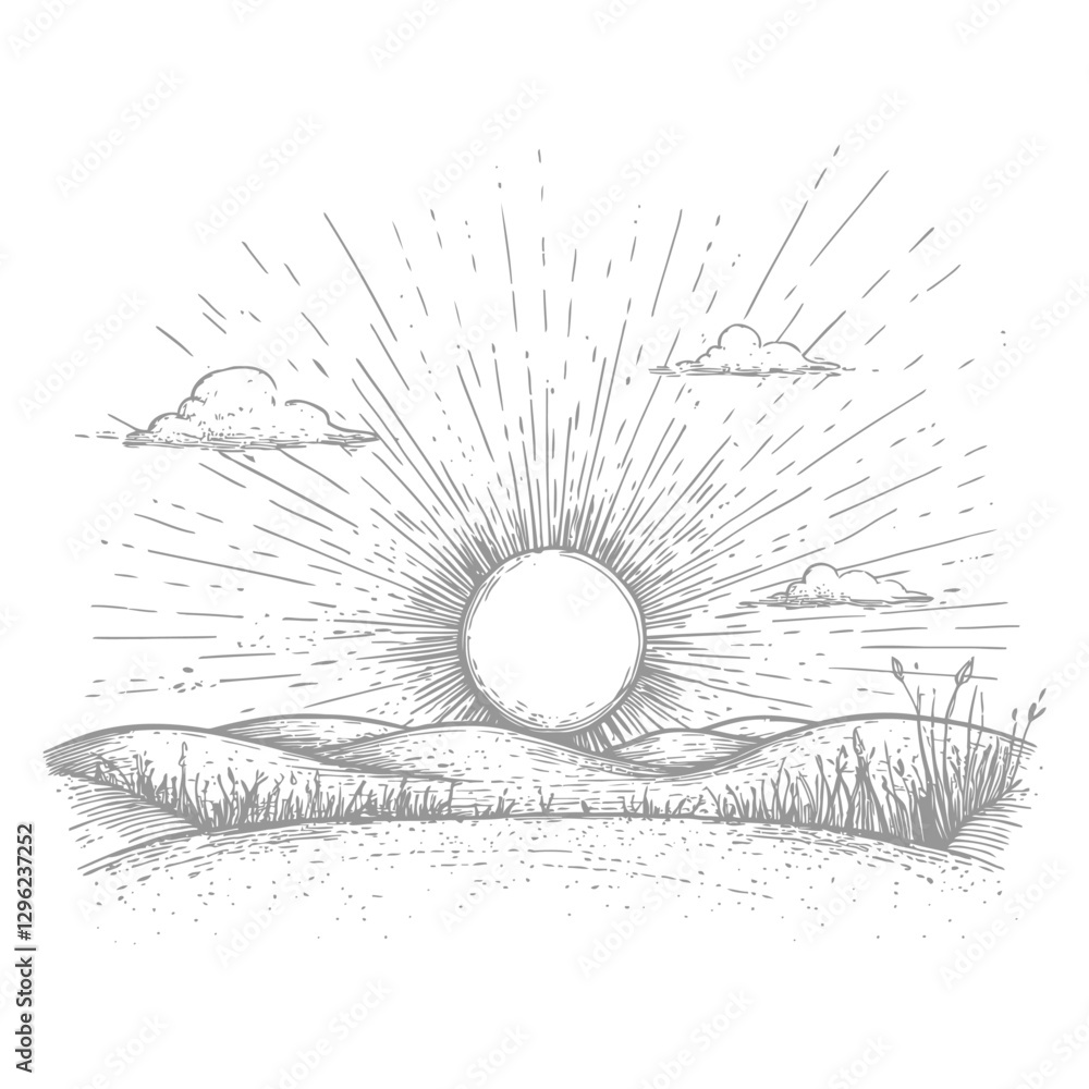 Obraz premium Hand Drawn Sketch Of A Sunrise Over Rolling Hills With Clouds And Grass