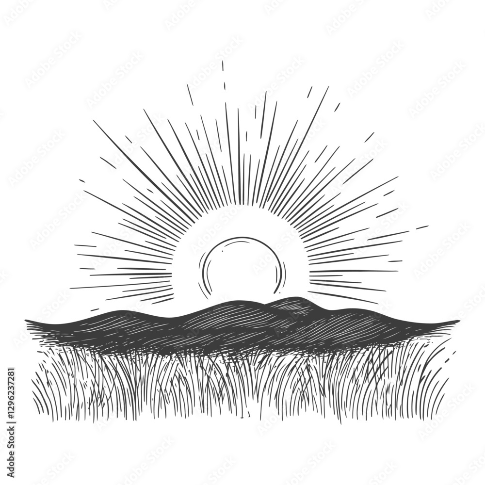 Hand Drawn Sketch Of A Sunrise Over Rolling Hills