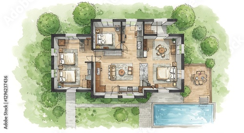 Watercolor illustration of a top-down view of a house plan with a pool and outdoor patio.
