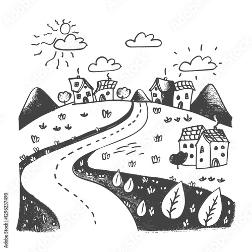 Hand Drawn Sketch Of A Village With Houses Mountains And A Winding Road