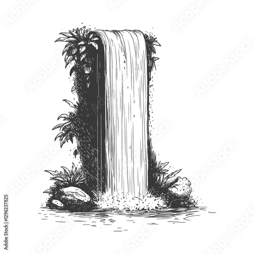 Hand Drawn Sketch Of A Waterfall Cascading Over A Cliffside