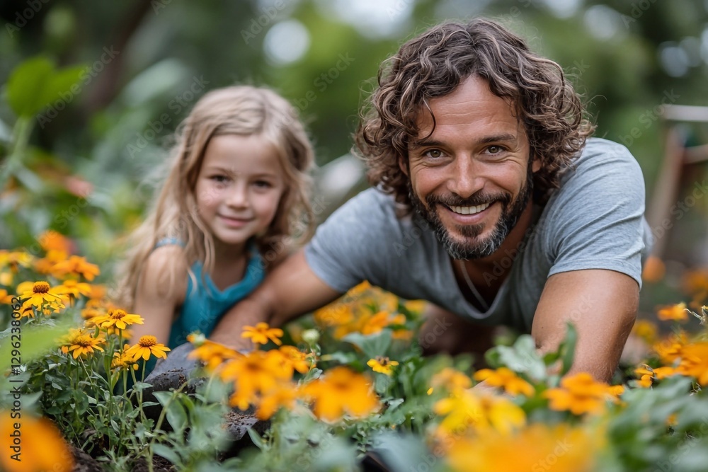 Family gardening concept: parents and children plant flowers in the yard, holding shovels and gardening gloves. Family gardening concept: parents and children plant flowers in the yard, holding shovels and gardening gloves.