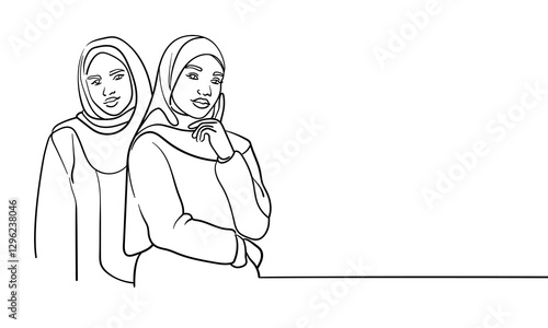 Young 2 muslim womans in burqa, continuous line art drawing. Vector illustration isolated on white background 