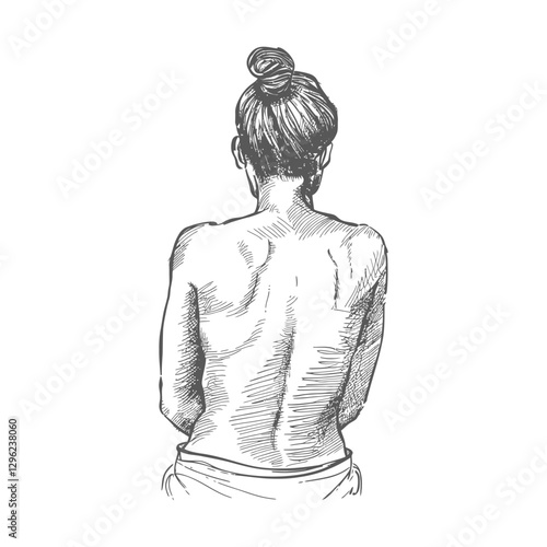 Hand Drawn Sketch Of A Womans Bare Back With A Bun Hairstyle