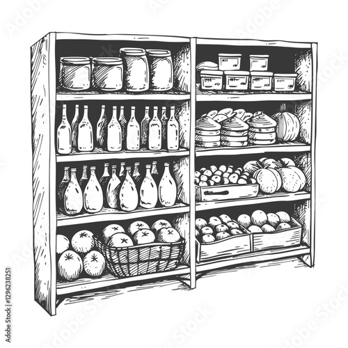 Hand Drawn Sketch Of A Wooden Shelf Filled With Various Food Items