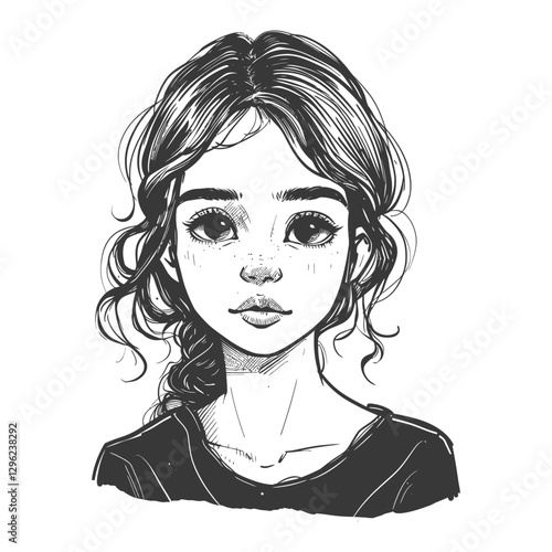 Hand Drawn Sketch Of A Young Woman With Curly Hair And Freckles
