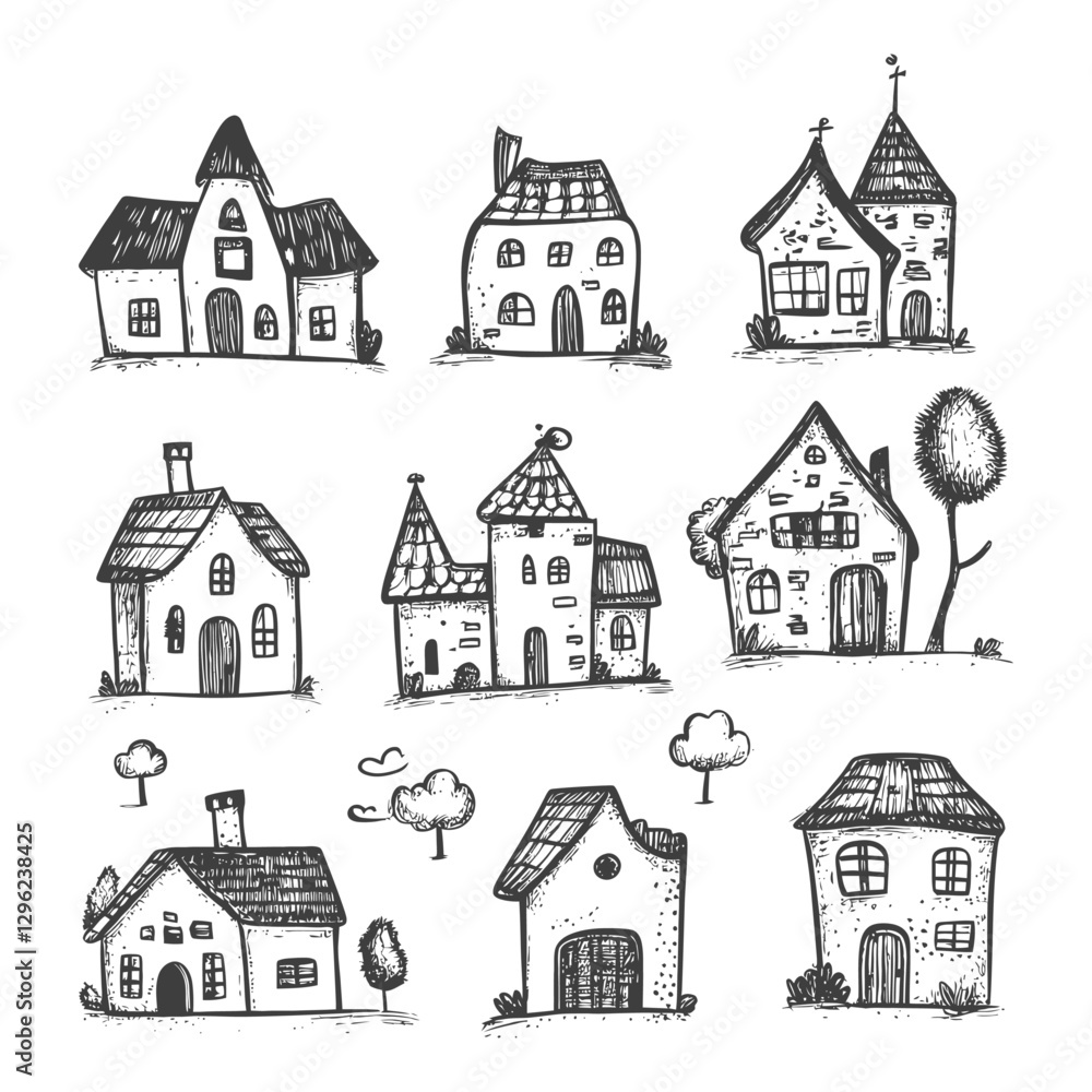 Hand Drawn Sketch Of Eight Unique Houses With Detailed Facades Hand Drawn Sketch Of Eight Unique Houses With Detailed Facades