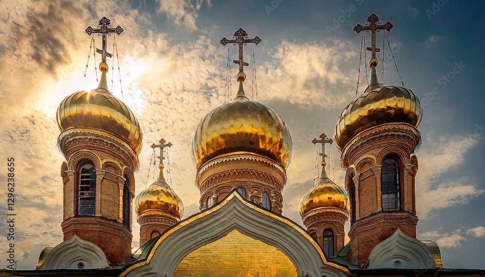 Obraz premium Golden church domes gleam against clouds. Historic Orthodox icon.
