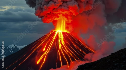 Volcano erupting with lava flows, realistic style, mountain background, concept of natural disaster