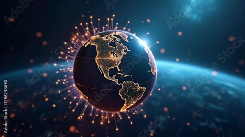 Illuminated Earth with shining connections, golden continents against the dark cosmos. The concept of global connectivity, technology	
