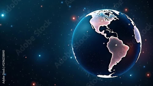 A shining Earth depicting the Americas, surrounded by stars and cosmic elements, against a backdrop of deep space, symbolising interconnectedness