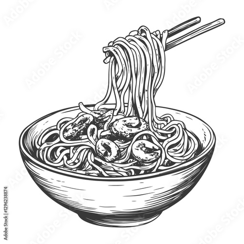 Hand Drawn Sketch Of Noodles In A Bowl With Chopsticks