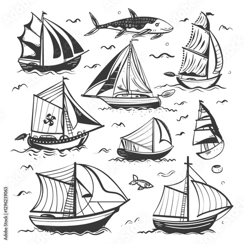 Hand Drawn Sketch Of Sailboats On The Ocean